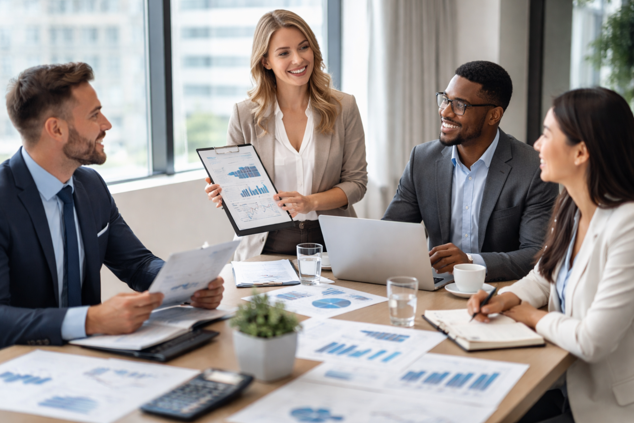 Business owners reviewing records and reporting